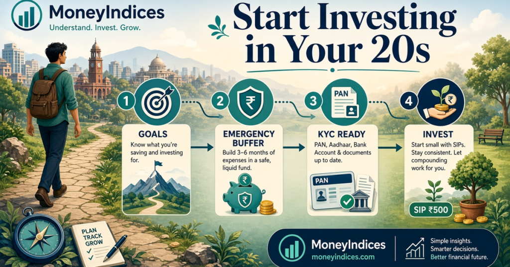 Illustrated roadmap for starting to invest in your 20s in India — goals, buffer, KYC, then invest