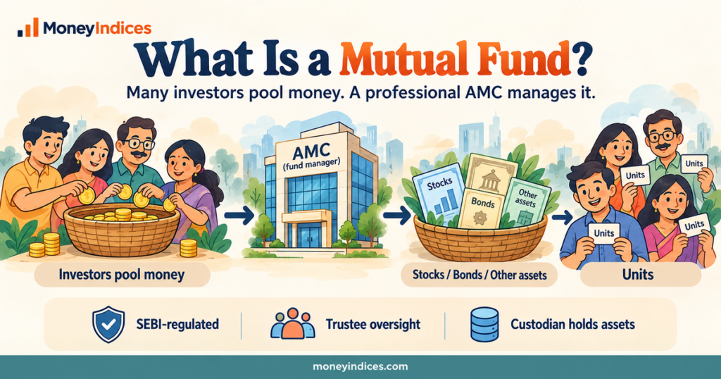Illustrated flow showing investors pooling money with an AMC that manages a basket of assets